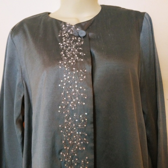 Eileen Fisher Slate Blue Silk Embellished Jacket - Picture 3 of 6
